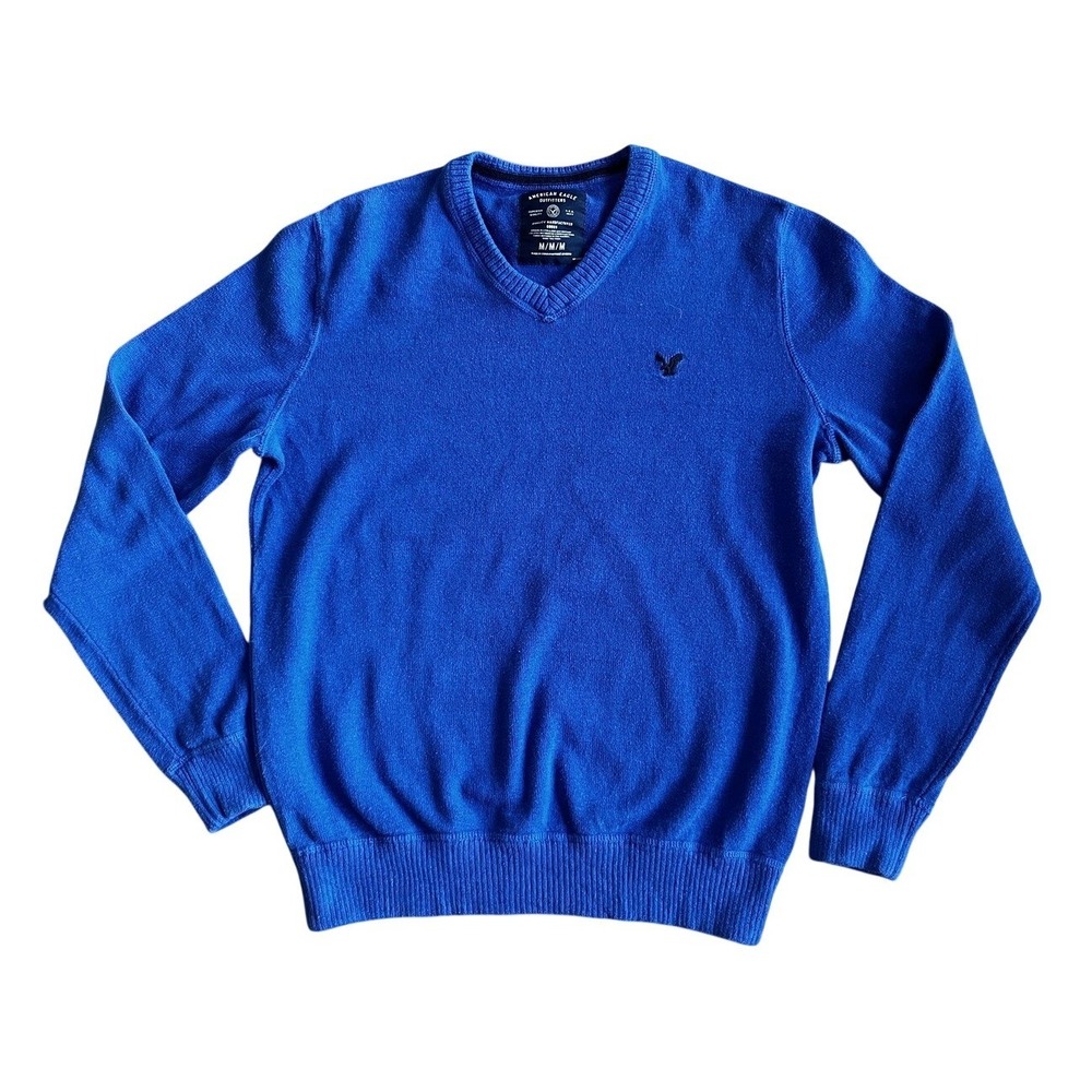 American Eagle Outfitters Sweater Mens Medium Blue V Neck Knit Pullover Logo